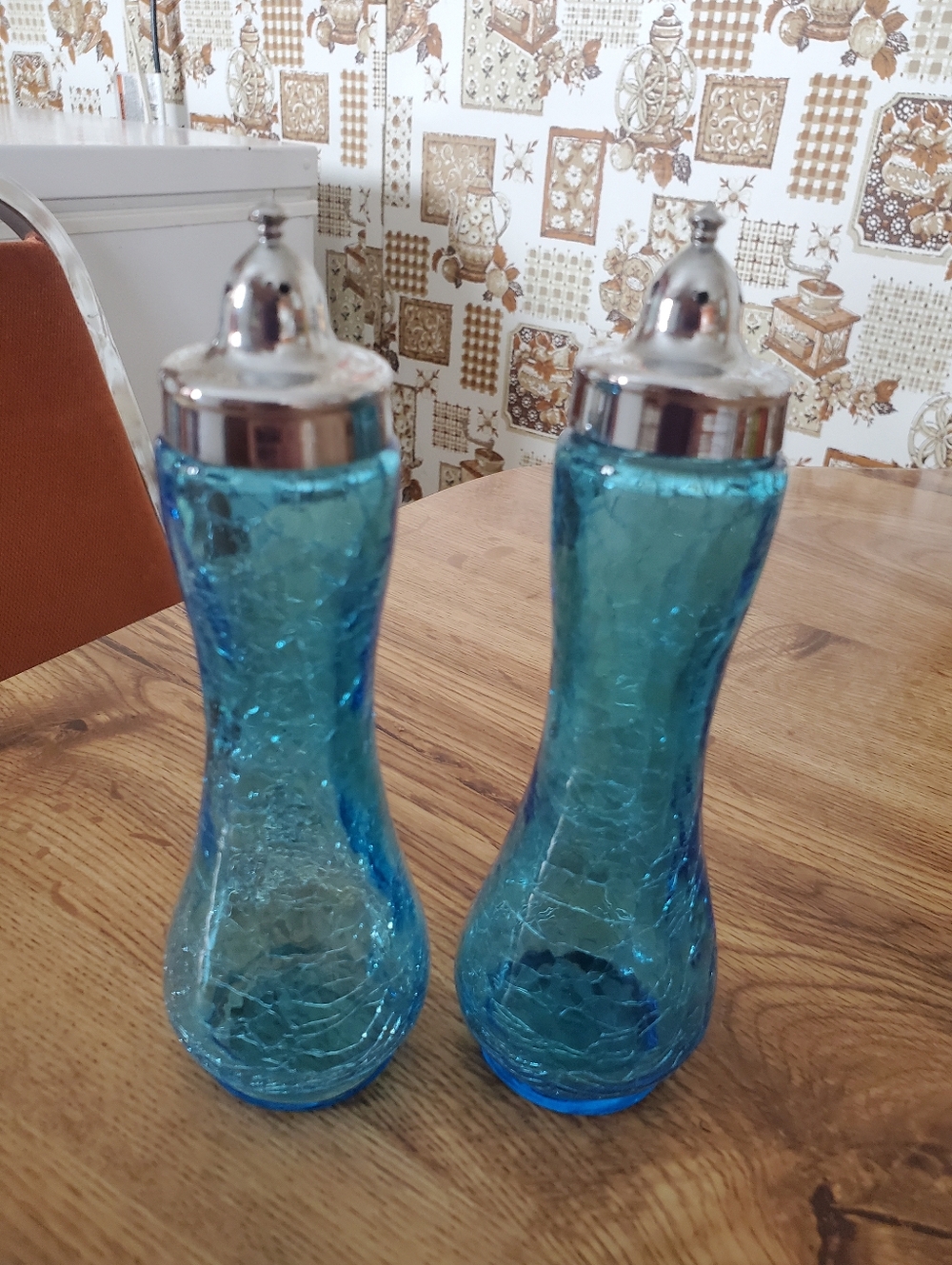 Vintage Blue Crackle Glass Salt & Pepper Shakers ✨